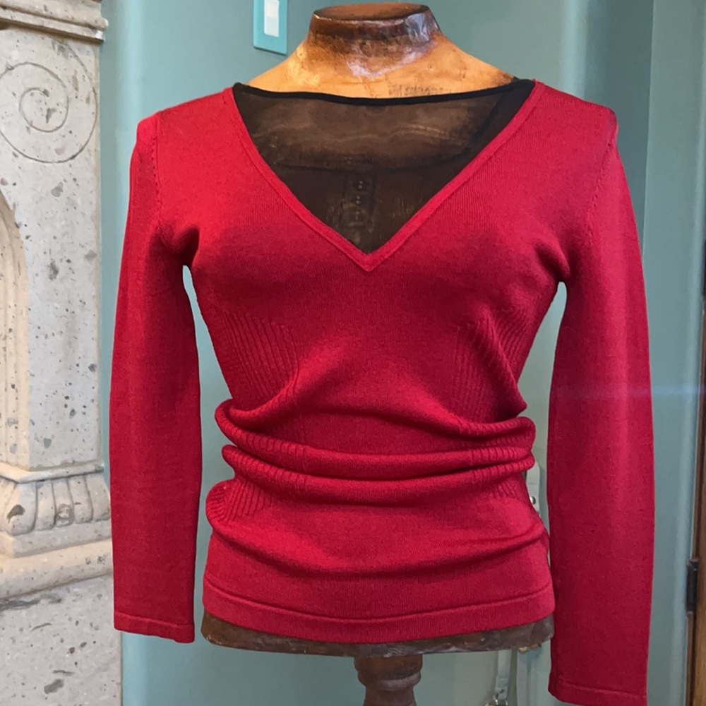 Cache pullover V-neck sweater sheer v neck front and back intricate stitching
